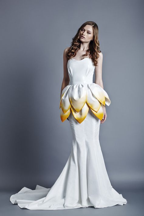 …or try a literal interpretation of a Princess Daisy–inspired dress? | 41 Wedding Dresses Inspired By Nintendo Princesses Jean Louis Sabaji, Flower Dress Art, Celebrity Dresses Red Carpet, Celebrity Inspired Dresses, Taffeta Dress, Fashion Design Sketches, Art Dress, Red Carpet Dresses, Inspired Dress