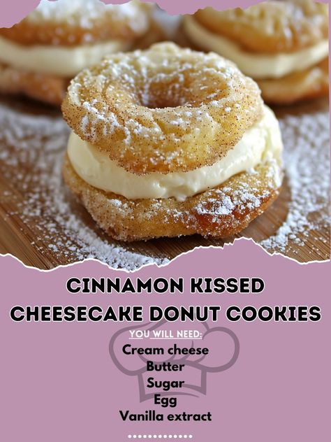 🍩 Satisfy your sweet tooth with Cinnamon Kissed Cheesecake Donut Cookies! A delightful treat! 🍪✨ #CookieLovers #SweetTooth Cinnamon Kissed Cheesecake Donut Cookies Ingredients: Cream cheese, softened (8 oz) Butter, softened (1/2 cup) Sugar (1 cup) Egg (1) Vanilla extract (1 tsp) Flour (2 cups) Baking powder (1 tsp) Ground cinnamon (1 tsp) Powdered sugar for dusting Instructions: Preheat oven to 350°F (175°C). Beat cream cheese, butter, and sugar until fluffy. Add egg and vanilla, mix well... Sugar Eggs, Homemade Cookies, Cookies Ingredients, Vanilla Extract, Donuts, Cream Cheese, Cinnamon, Cooking And Baking, Dough