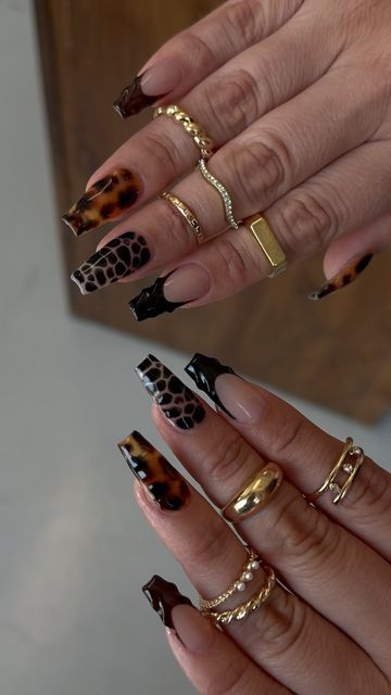 Nelsy G✨ on Instagram: "Fall nails 🖤 . #tortoiseshellnails #snakeprintnails #fallinspo #fallnails #nailtrends #viralnails #nailart #naildesigns #falldecor #fallfashion" Dark Leopard Nails, Coffin Leopard Nails, Fall Nails Ballerina Shape, Fall Animal Print Nails, Nails Ballerina Shape, Nails Ballerina, Shaped Nails, Print Nails, Leopard Nails