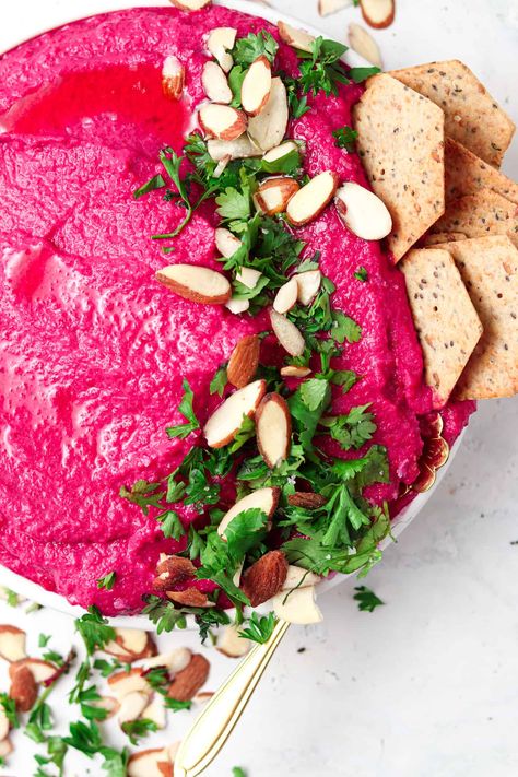 Easy, delicious and quick beetroot dip. This dip will turn beet haters into beet lovers! Paleo Hummus, Beet Hummus Recipe, Vegan Dip Recipes, Aip Snack, Healthy Snack Alternatives, Beetroot Dip, Beet Hummus, Light Appetizers, Whole 30 Diet