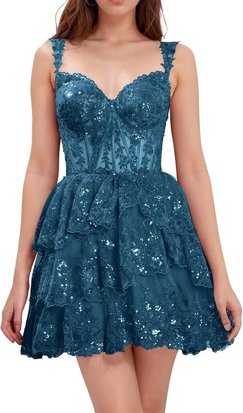 Short Prom Dresses For Teens, Teal Homecoming Dresses, Masquerade Ball Outfits, Homecoming Dresses Sparkly, Homecoming Ideas, Homecoming Outfits, Lace Homecoming Dresses, Prom Formal, Masquerade Ball