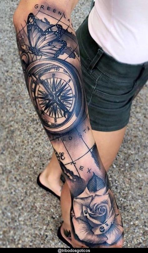 Sextant Tattoo, Tattoos Arm Mann, Colorful Sleeve Tattoos, Catrina Tattoo, G Tattoo, Full Sleeve Tattoo Design, Epic Tattoo, Cool Arm Tattoos, Tattoos For Women Half Sleeve