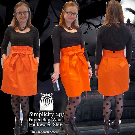 Cutest DIY skirt eveh! Orange, high waist, pleats, and a bow. Great tutorial to make one of your very own. S2413 Paper Bag Skirt Thumbnail by sewyerown, via Flickr Paper Bag Skirt Pattern, Fun Skirts, Paper Bag Skirt, Ladies Skirts, Beginners Sewing, Halloween Skirt, Diy Skirt, Handmade Wardrobe, Diy Clothing