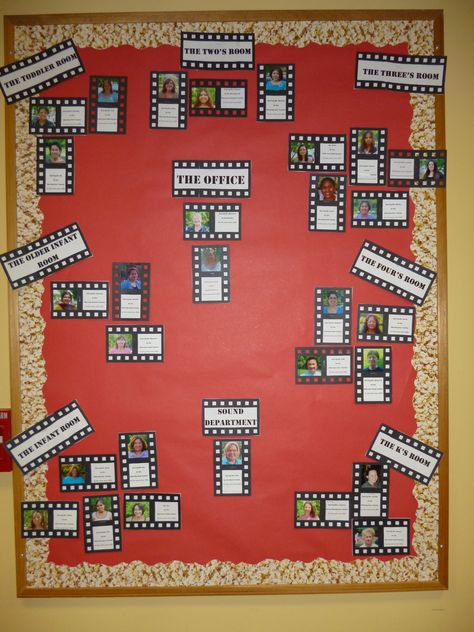 Movie Credit theme Staff Bulletin Board.  For after - to display the award winners Shout Out Board Ideas, Hollywood Teacher Appreciation, Staff Bulletin Boards, Hollywood Classroom, Hollywood Theme Classroom, Preschool Organization, Office Bulletin Boards, Teacher Appreciation Themes, Preschool Director