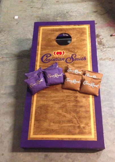 crown royal                                                                                                                                                                                 More Upcycle Crown Royal Bag, Crown Royal Bags Crafts, What To Make With Crown Royal Bags, Crown Royal Party Decorations, What To Make Out Of Crown Royal Bags, Crown Cornhole Boards, Things To Do With Crown Royal Bags, Crown Royal Bag Crafts Diy, Ideas For Crown Royal Bags