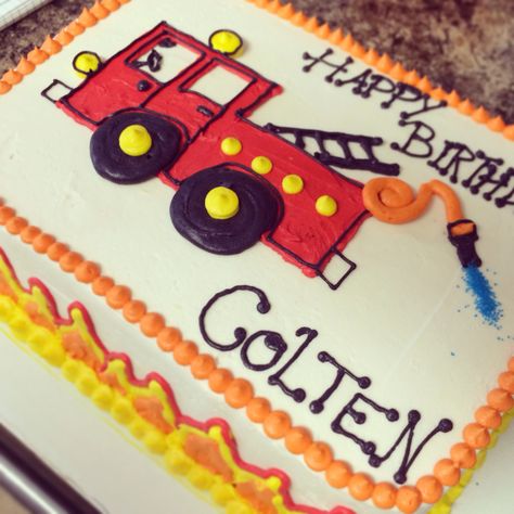 Fire truck birthday cake Truck Cake Design, Firefighter Sheet Cake, Fire Truck Sheet Cake, Easy Fire Truck Cake, Fire Truck Birthday Cake Diy, Simple Fire Truck Birthday Cake, Simple Fire Truck Cake, Fire Truck Birthday Cake, Fire Truck Cupcakes