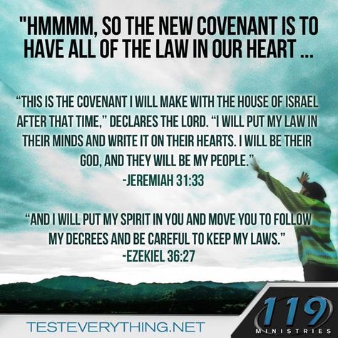 Hmmmm, so the new covenant is to have all of the law in our heart… “This is the covenant I will make with the house of Israel after that time,” declares the Lord. “I will put my law in their minds and write it on their hearts. I will be their God and they will be my people.” Jeremiah 31:33 “And I will put my spirit in you and move you to follow my decrees and be careful to keep my laws.” Ezekiel 36:27 119 Ministries, Fb Pic, New Covenant, Messianic Judaism, Happy Sabbath, False Prophets, Old And New Testament, Bible Knowledge, Bible Truth