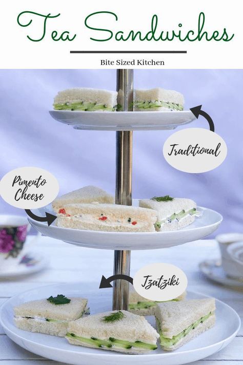 These easy English tea sandwiches are a simple but elegant way to serve cucumber sandwiches. They are perfect for a baby or bridal shower party! A fun display for any party! 3 different fillings! Cream cheese and pimento. English Cucumber Sandwiches High Tea, Tea Finger Sandwiches, Bridal Shower Food Ideas Lunch, Bridal Shower Snacks, English Tea Sandwiches, Bridal Shower Appetizers, Shower Appetizers, Tea Party Desserts, Tea Party Sandwiches