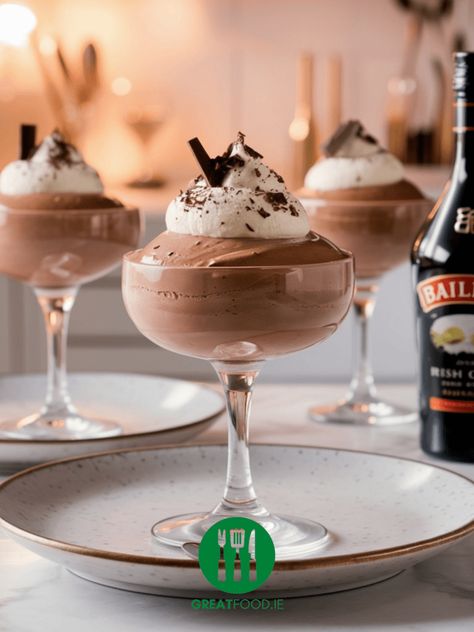 Decadent Baileys Chocolate Mousse Recipe - A Luxurious Dessert Delight - Great Food Ireland Dessert In Wine Glasses, Baileys Pudding Desserts, Baileys Baking Recipes, Baileys Mousse Recipes, Baileys Deserts Recipes, Mousse Recipes Chocolate, Baileys Deserts, Christmas Mousse Dessert, New Year Dessert Recipes