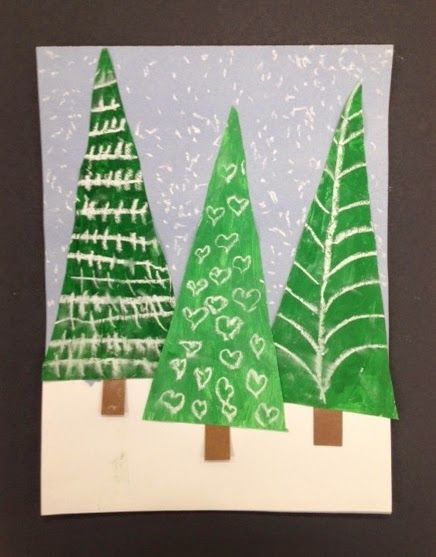 My Grade One class made these patterned evergreen trees today.  I am loving how they look clustered together on my bulletin board.    This was actually a 2 day project.  We spent the first session mi Winter Art Lesson, Christmas Art Projects, Christmas Bulletin, Winter Art Projects, Christmas School, Winter Crafts For Kids, Elementary Art Projects, Kindergarten Art, Evergreen Trees