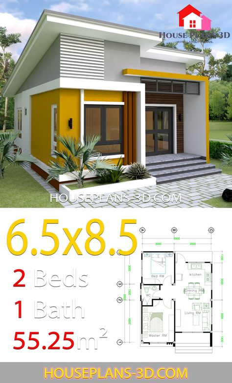 Small 3 Bedroom House Plans With Flat Roof 3 Bedroom Contemporary 0AD 2 Bedroom House Design, Gable Roof House, Brick House Plans, House Plans 3d, Brick House Designs, One Bedroom House, Flat Roof House, Small House Layout, Two Bedroom House