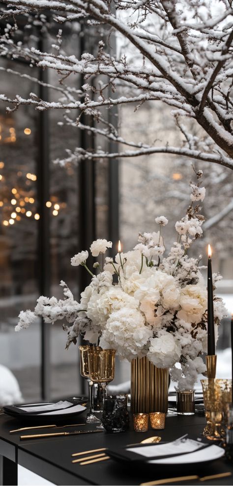 Elegant black tie winter wedding setup with urban chic decor and vintage touches. Winter Wedding Black Tie, Black Tie Wedding Aesthetic, New York Wedding Aesthetic, Black Tie Event Decorations, Winter Wedding Decorations Elegant, Winter Wedding Ceremony Decor, New Year’s Eve Wedding, Black And White Wedding Theme Classy, Black Wedding Aesthetic