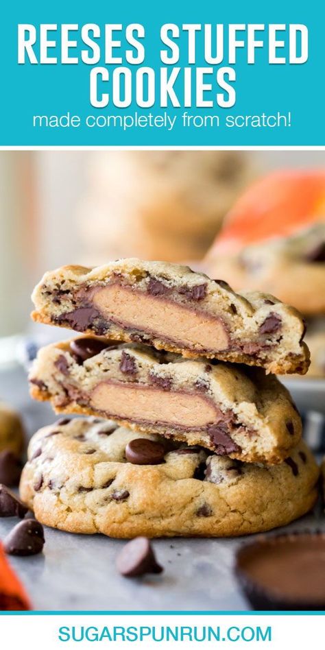 Peanut butter infused chocolate chip cookies stuffed with Reese’s Peanut Butter Cups!  A great way to use up any leftover Halloween candy. Reese’s Stuffed Peanut Butter Chocolate Chip Cookies, Cookie With Reeses In The Middle, Peanut Butter Stuffed Chocolate Chip Cookies, Chocolate Chip Cookies With Peanut Butter Cups, Peanut Butter Cup Stuffed Cookies, Chocolate Chip Cookies With Reeses Cups, Peanut Butter Halloween Cookies, Reese’s Stuffed Cookies, Reese’s Cup Recipes