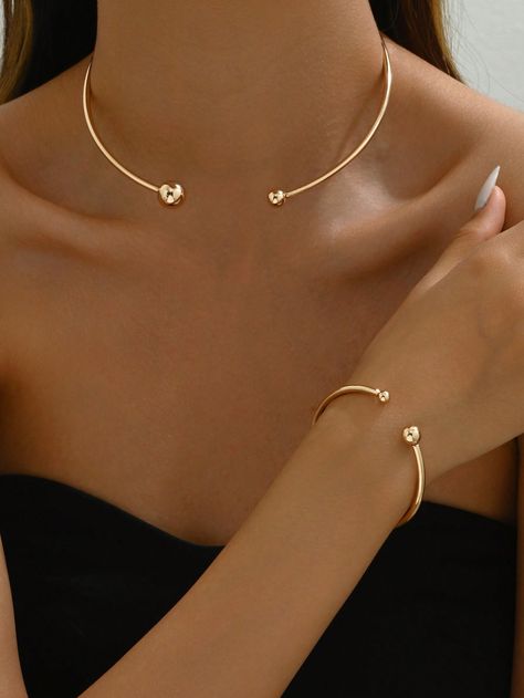 1pc Choker Necklace + 1pc Open Bangle Bracelet Set, Vintage Minimal Daily Wear Accessories, Mother's Day Gift Gold,White Gold         Women Fashion Jewelry, size features are:Bust: ,Length: ,Sleeve Length: Metallic Fashion, Open Bangle Bracelet, Gold Wedding Jewelry, Bangle Bracelet Set, Metal Fashion, Open Bangle, Gold Cross Pendant, Gold Collar, Ball Necklace