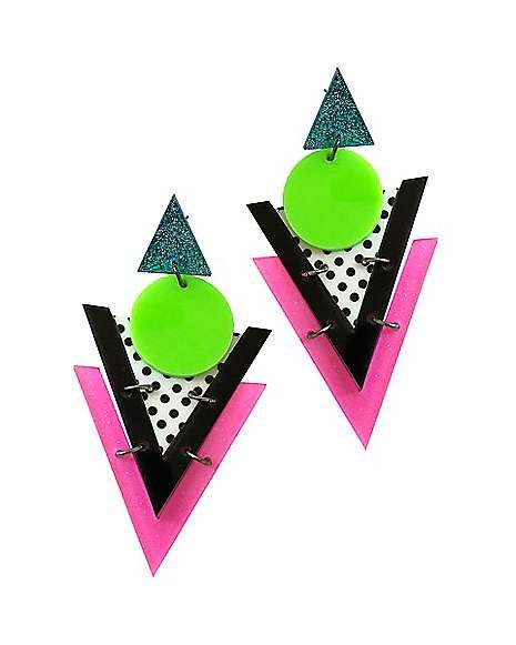 '80s Geometric Earrings - Spirithalloween.com 80s Jewelry Trends, Halloween Accessories Jewelry, 80s Accessories, Style Année 80, Halloween Costume Jewelry, 80s Jewelry, Random Clothes, 80s Earrings, Spencers Gifts