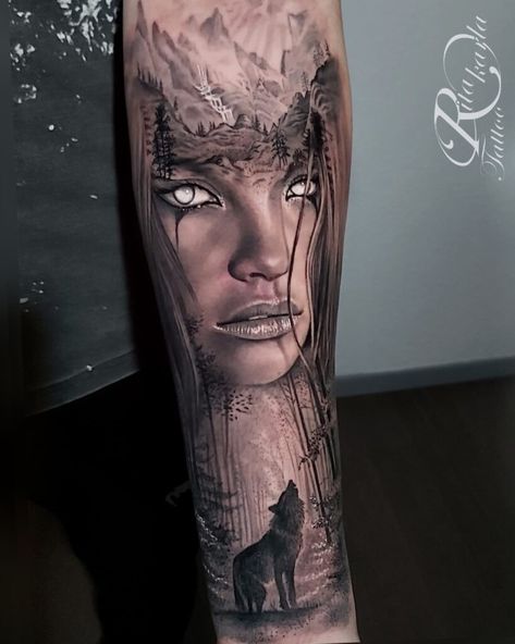 Viking Tattoos For Women, Empowerment Tattoo, Female Warrior Tattoo, Face Tattoos For Women, Christian Sleeve Tattoo, Girl Face Tattoo, Female Warriors, Back Of Shoulder Tattoo, Cowgirl Art