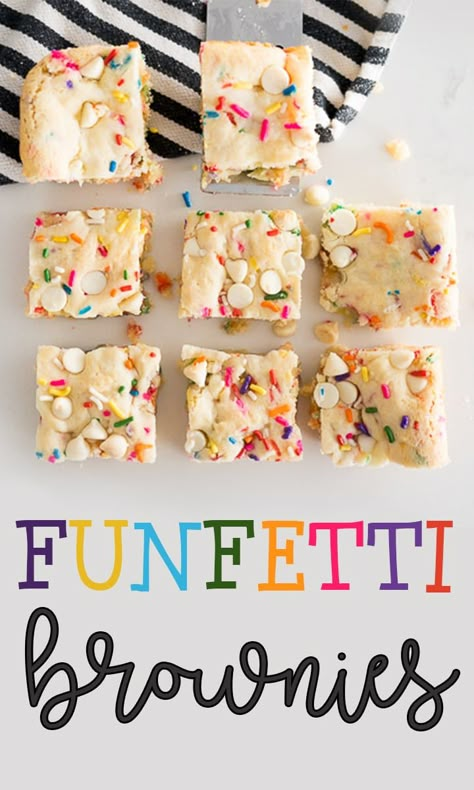 Funfetti Brownies are made by adjusting the recipe on a boxed mix of funfetti cake. You won't believe how easy it is to make thick, dense  funfetti flavored brownies! |Cooking with Karli| Funfetti Brownies, Funfetti Dessert Recipes, Flavored Brownies, Funfetti Cake Mix Recipes, Cake Mix Brownies, Cooking With Karli, Boxed Cake Mixes Recipes, Funfetti Cake Mix, Cake Mix Desserts