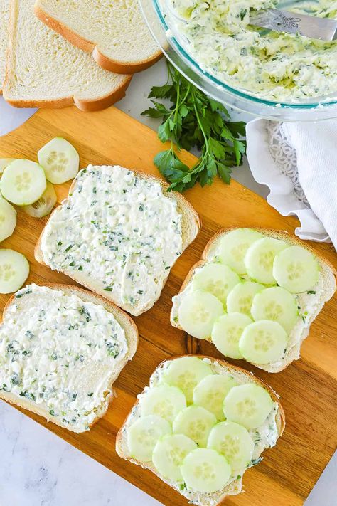 Cucumber Sandwiches are a must have for a tea party, brunch, bridal shower or baby shower. My favorite cucumber sandwich recipe has amazing flavor and is easy and simple to make. Egg Salad Sandwich Tea Party, Easy Tea Party Food Finger Sandwiches, Gluten Free Finger Sandwiches, Finger Sandwiches For Tea Party, Cucumber Sandwich Recipe, Cumber Sandwiches, Tea Sandwiches Recipes Easy, Shower Sandwich Ideas, Cucumber Tea Sandwich Recipe