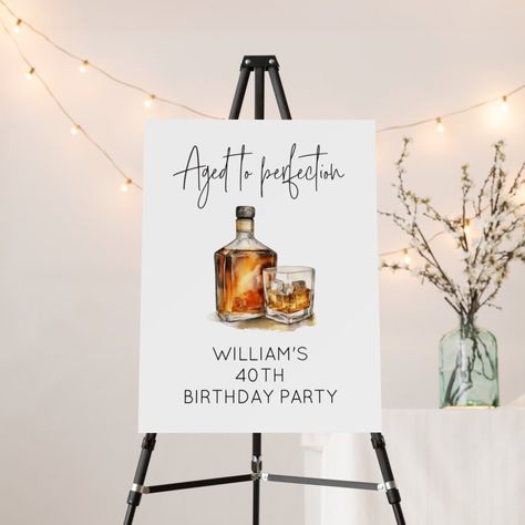 Make your 40th birthday celebration unforgettable with our "Aged to Perfection" welcome sign. This digital, downloadable product features a stylish whiskey bottle and glass illustration, perfect for adding a touch of sophistication to your milestone event. Personalize this sign to fit your party's theme and decor. Ideal for home or venue decorations, it sets the perfect tone for an elegant and memorable 40th birthday party. 30th Birthday Bourbon Theme, 40th Bday Ideas For Men Decorations, Men’s Surprise Birthday Party, Brewery 40th Birthday, 50 Th Birthday Party Decorations, Men’s 40th Birthday Idea, 40th Birthday Roast And Toast, 40th Birthday Men Decorations, 30th Birthday Party Theme For Men