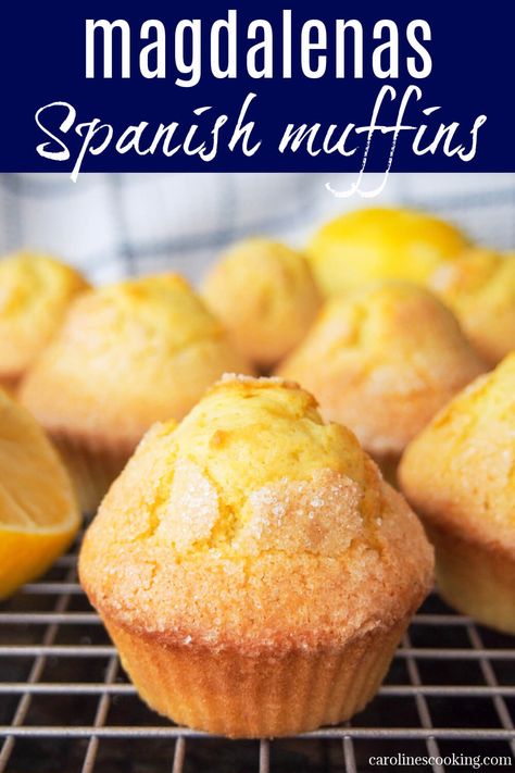 Magdalenas are Spanish lemon and olive oil muffins that you'll find in bakeries across the country. They're easy to make at home, too, with only a few common ingredients. They have a lovely delicate flavor, and are perfect still warm out the oven with coffee. Olive Oil Muffins, Latina Food, Yeast Free Breads, Spanish Desserts, Chicory Recipe, Muffins Easy, Fantastic Recipes, Small Bakery, Spanish Recipes