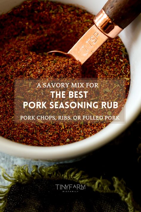 A savory mix for pork chops, ribs, or pulled pork. I have a range of favorite seasoning mixes that I always keep on hand. This pork seasoning is not just versatile but bursting with flavor and perfect for your favorite pork dishes. #porkchoprecipes #seasoning #pulledporksandwich #porkrub Homemade Pork Rub, Dry Pork Rub Recipes, Pork Steak Seasoning Dry Rubs, Pork Rib Seasoning Dry Rubs, Seasonings For Pork Roast, Bbq Pulled Pork Seasoning, Carolina Pork Rub, Smoked Pork Rub Recipe, Pork Roast Rub Recipe