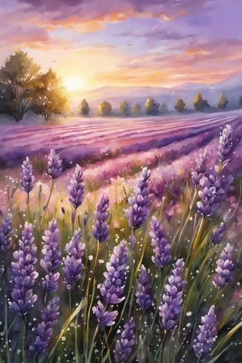 Lavender Fields Illustration, Lavender Field Painting Acrylics, Heather Watercolor, Soft Painting, Lilac Painting, Lavender Watercolor, Card Painting, Field Paint, Art Deco Artwork