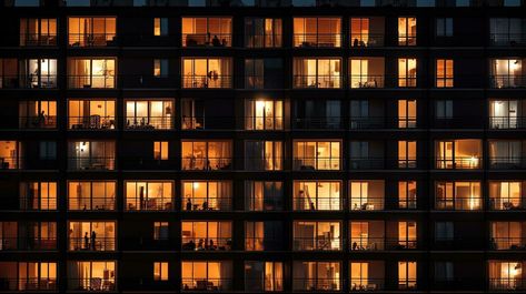 Building Windows At Night, Tall Apartment Building, Apartment Wallpaper, Building At Night, Building Windows, Building Silhouette, Night Window, Building Photography, Facade Lighting