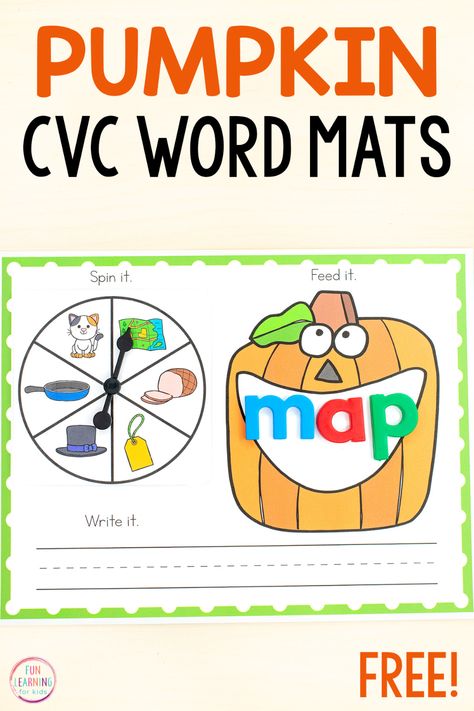 Pumpkin CVC Words Spin & Build Mats Free Printable School Readiness Activities, Cvc Word Work, Spelling Cvc Words, Teaching Child To Read, Word Building Activities, Writing Cvc Words, Free Printables For Kids, Cvc Activities, Teaching Sight Words