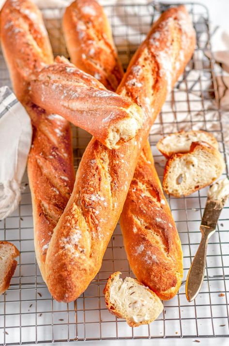 Leftover Sourdough Starter French Baguettes - Artisan style with a golden, crunchy crust on the outside and a chewy, soft, fluffy inside, these baguettes have just the right amount of sourdough tang! Recipe prep time includes dough resting time. From aberdeenskitchen.com #leftover #sourdough #starter #French #baguettes #baking #crusty #homemade #bread #whitebread #artisan #recipe Same Day Baguette Recipe, Sourdough Discard Baguette Recipe, Discard Baguette, Sourdough Discard Baguette, Baguette Recipes, French Baguette Recipe, Sourdough Baguette, Thermomix Bread, Thermomix Baking