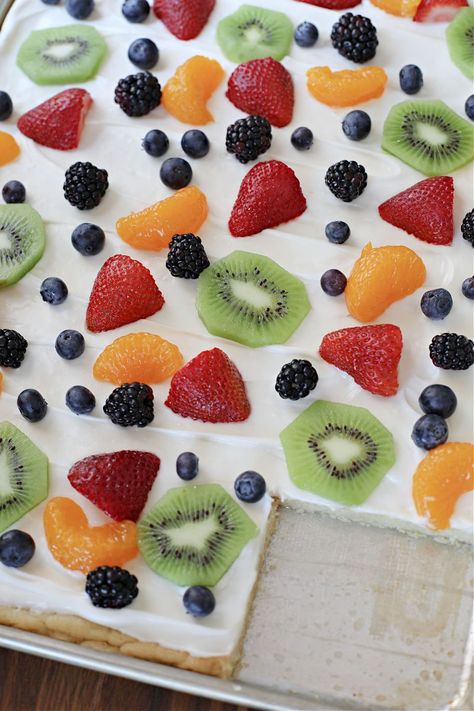 Fruit Pizza Sheet Pan, Sheet Pan Fruit Pizza Sugar Cookie, Sheet Pan Fruit Pizza, Halloween Fruit Pizza, Fruit Pizza Cookies, Baked Fruit Desserts, Pillsbury Cookie Dough, Easy Fruit Pizza, Refrigerated Cookie Dough