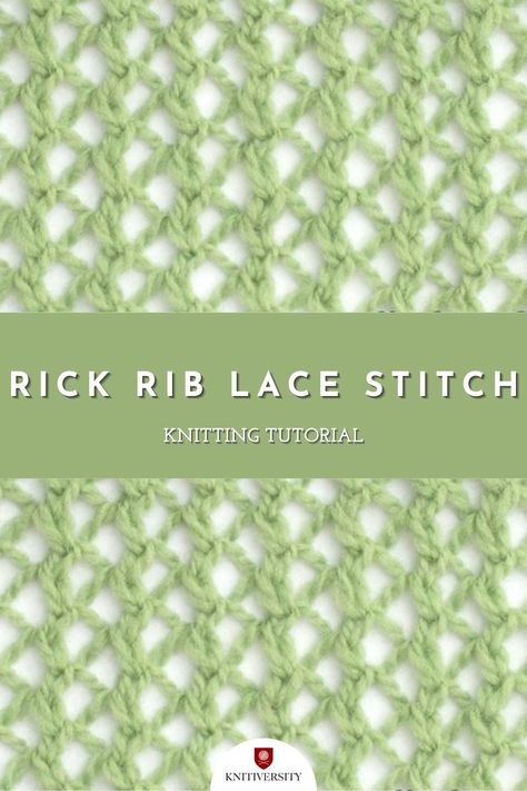 The Rick Rib is a classic lace openwork stitch. It creates a mesh lattice with a beautiful diagonal criss-cross pattern. It's light and delicate, extremely stretchy, and reversible. This is a great stitch pattern for lace shawls, scarves, and market bags. Stretchy Knit Stitches, New Stitch A Day, Lace Shawls, Lace Knitting Stitches, Kids Knitting Patterns, The Rick, Sewing Crafts Tutorials, Lace Knitting Patterns, Market Bags