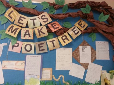 No link :( Poetree Poetree Bulletin Board, Leaf Through A Good Book Bulletin Board, Poetry Library Display, Teacher Book Picks Bulletin Board, Library End Of Year Bulletin Board, English Classroom Displays, School 2017, Library Bulletin Boards, English Classroom