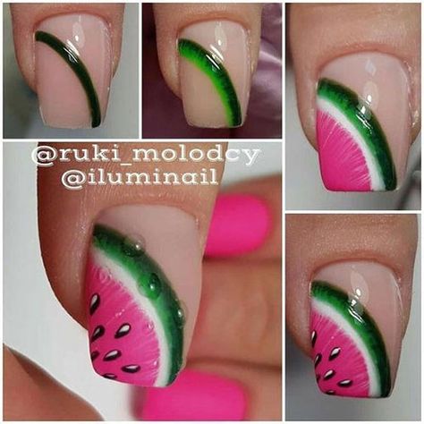 Watermelon Nail Art Tutorials for Summer • Rachel Watermelon Nail, Watermelon Nail Art, Fruit Nail Art, Watermelon Nails, Nail Art Designs Videos, Super Nails, Diy Nail Designs, Cat Kuku, Beach Nails