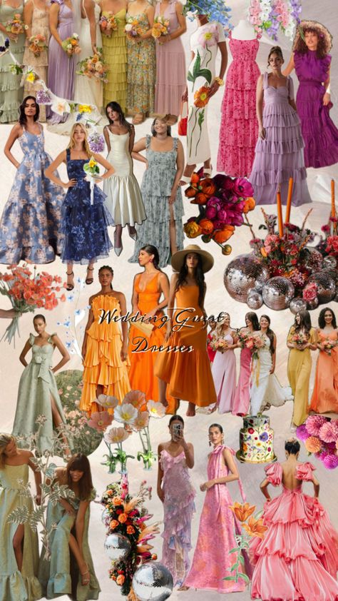 A collage of wedding guest dresses Wedding Guest Colour Palette, Wedding Guest Color Pallet, Gem Colored Wedding, Garden Party Wedding Guest Dress, Colourful Wedding Guest Outfit, Funky Wedding Guest Outfit, Wedding Guest Color Palette, Italian Wedding Guest, Colorful Wedding Guest Outfits