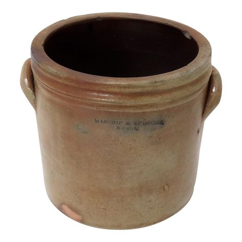 This is a Great Looking Antique Early American Salt Glaze Stoneware Storage Jar - Crock. With "Ears" - Handles. Circa Late 19th Century. The Front is Embossed with Blue Decorated Highlights - WINSHIP & SPENCER, NORWICH ( Connecticut ). It is in Very Good Structurally Strong - Sound Condition with No Cracks - Displays Very Nicely. It has a Few Small Chips at the Top Rim Area - 1 at the Base Perimeter and 2 on the Lower Portion of One Handle All of Which Would have Occurred with Normal Use Over th Norwich Connecticut, Butter Churns, Churning Butter, Stoneware Crocks, American Antiques, Funky Junk, Storage Jar, Early American, Vintage Pottery