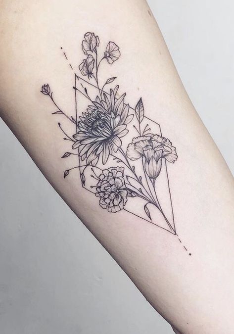 Geometric Shape Tattoo, Geometric Flower Tattoo, Square Tattoo, Floral Thigh Tattoos, Geometric Sleeve Tattoo, Feminine Tattoo Sleeves, Mom Tattoo Designs, Wildflower Tattoo, Bouquet Tattoo