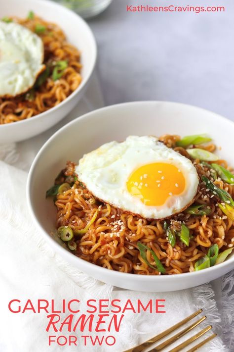 Garlic Sesame Ramen for Two upgrades ramen noodles with a simple sesame garlic sauce. Toss out that seasoning packet and grab some pantry staples to make this easy two serving recipe. Serve as is, top with an egg, or add some protein on the side. 2 Serving Dinner Recipes, Savory Ramen Recipes, Ramen Noodle Recipes Easy College Students, Ramen Noodle And Egg Recipes, Ramen Noodle Egg Recipes, Easy Simple Noodle Recipes, Add Egg To Ramen Noodles, Protein Ramen Noodle Recipes, Simple Instant Ramen Recipes