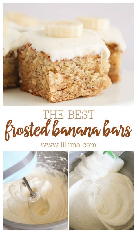 If you like bananas, you'll LOVE these banana bars. Frosted with the most amazing cream cheese frosting, these moist and rich bars are irresistible! #frostedbananabars #bananabars #bananabread #creamcheesefrosting Moist Banana Bars With Cream Cheese Frosting, Banana Bars With Cream Cheese Frosting Easy, Banana Bars With Cream Cheese Frosting, Easy Banana Bars, Frosted Banana Bars, Kitchen Walnut, Breakfast Ring, Cinnamon Roll Frosting, Dessert Banana