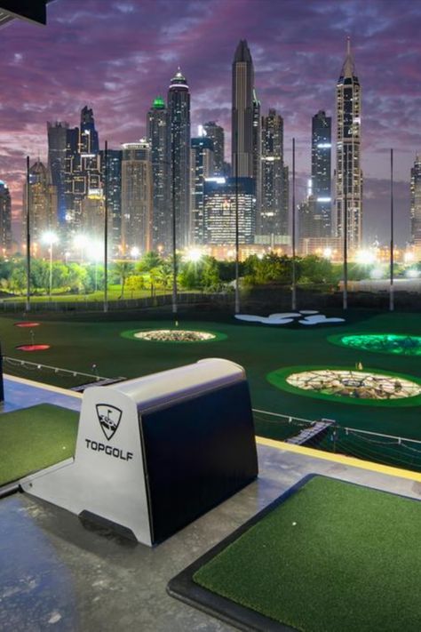 The three-level mega entertainment venue spans more than 60,000sq ft, accommodating 1,100 guests, and features 96 climate-controlled hitting bays with more than 300 state-of-the-art digital screens. Each bay offers comfortable seating that can host up to six players at any one time. Emirates Hills, Dubai Golf, Comfortable Seating, Art Digital, Dubai, Doors, Golf, Entertainment, Art