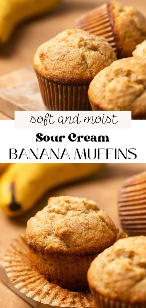 These moist and fluffy banana muffins with sour cream are made in one bowl and have so much flavor from overripe bananas, vanilla, and a pinch of cinnamon! The addition of sour cream makes them extra tender, rich, and soft. I promise this easy muffin recipe will be a hit with all of your family and friends and is a breeze to whip up in under 30 minutes! Banana Muffins Sour Cream, Banana Sour Cream Muffins, Banana Muffins With Sour Cream, Sour Cream Recipes Easy, Moist Banana Muffin Recipe, Sour Cream Banana Muffins, Fluffy Banana Muffins, Muffins With Sour Cream, Banana Cream Cheese Muffins