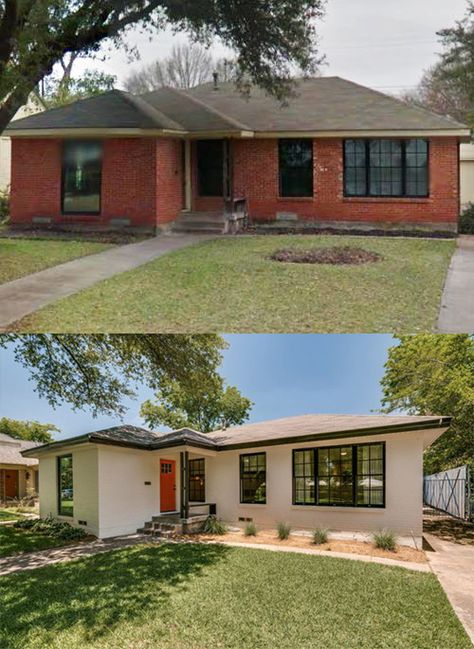 80s Brick House Exterior, 1960s Ranch House Exterior Before And After, 1950 House Exterior, Exterior Home Makeover, Exterior Home Renovation, Mid Century Modern House Exterior, Ranch House Remodel, White Exterior Houses, Painted Brick House