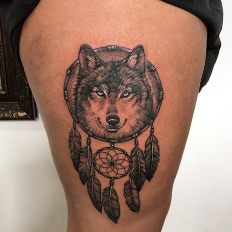 Wolf Dreamcatcher Tattoo | Tattoo Ideas and Inspiration Tattoos On Thigh, Wolf Dreamcatcher Tattoo, Dreamcatcher Tattoos, Wolf Tattoos For Women, Wolf Dreamcatcher, Wolf Tattoos Men, Places For Tattoos, Retro Tattoos, Dream Catcher Tattoo