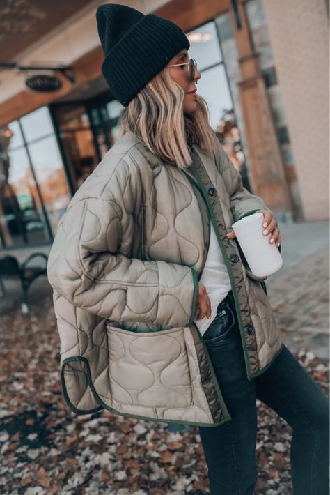 January Instagram Round Up - Cella Jane Quilted Jacket Outfit, Green Quilted Jacket, Becky Hillyard, Satin Quilt, Cella Jane, Casual Outfits For Moms, Vegan Leather Leggings, Jeans With Heels, Half Zip Hoodie