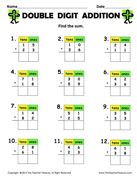 FREE Double Digit Addition (without regrouping) - 2 pages, 12 addition problems each. These pages are great for students who have difficulty with spacing and lining up their numbers. Adding Two Digit Numbers 2nd Grade, Column Addition, Math Doubles, Addition Worksheet, Touch Math, Double Digit Addition, Addition And Subtraction Worksheets, Addition Facts, Math Intervention