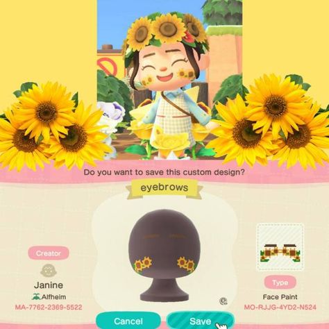 Animal Crossing Makeup Code, Kyoshi Island, Cottagecore Acnh, Animal Crossing Hair, Acnh Motifs, Animal Crossing Music, Spring Core, Acnh Cottagecore, Sunflower Hat