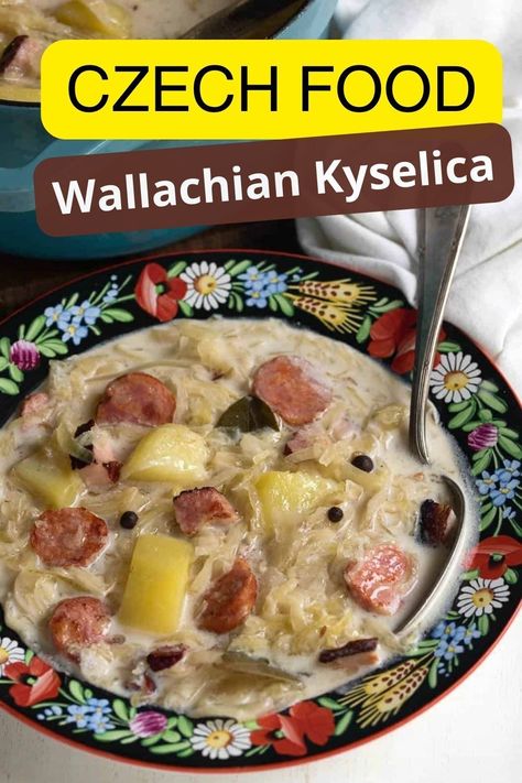 Traditional recipe for Wallachian Kyselica (Valašská kyselica), a hearty comforting soup from Wallachia (Valassko), a region located in the eastern part of the Czech Republic. A warming winter soup made with sauerkraut and sausage provides a boost of energy. Czech Sauerkraut Recipe, Sauerkraut Potatoes, Sauerkraut And Sausage, Ibs Friendly Food, Czech Food, Sauerkraut Soup, European Dishes, Eastern European Recipes, Quick Soup