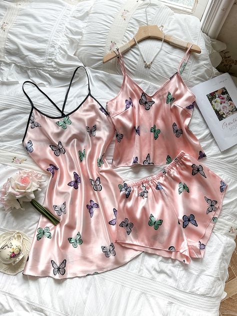 Women's new butterfly print elegant comfortable sexy halter top shorts pajamas three-piece set Shorts Pajamas, Floral Pajama Set, Satin Pajama, Night Dress For Women, Lounge Pajamas, Satin Pyjama Set, Satin Pajamas, Print Pajamas, Pajama Shorts