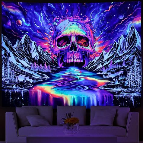 PRICES MAY VARY. DECENT FABRIC: This blacklight trippy skull tapestry is made of lightweight polyester fiber, soft touching, delicate sewing, very durable and elegant. OPTIONAL SIZE: M--W59.1" × H51.2"; L--W78.7" × H59.1"; XL--W92.5"× H70.8". Please choose the suitable one. UV REACTIVE: The UV rainbow waterfall tapestry with high printing technology would present amazing effect under black lights ,the color works best teamed with sketched mountain, forest trees and rainbow river, it would be ver Shroom Art Trippy, Trippy Tapestry Bedroom Ideas, Room Tapestry Ideas, Trippy Wall Mural, Trippy Skeleton, Skeleton Tapestry, Mountain Wall Hanging, Black Light Room, Trippy Skull