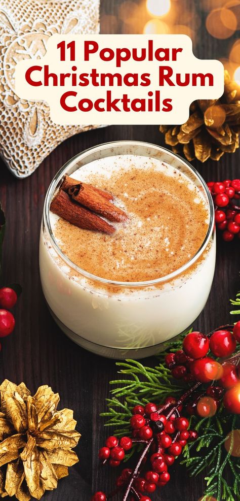 A creamy Christmas rum cocktail topped with cinnamon and garnished with cinnamon sticks in a festive glass, surrounded by holiday decor like pinecones, red berries, and green pine branches. This holiday drink idea combines rich flavor with seasonal spices, perfect for Christmas party cocktails or cozy festive gatherings. Recipes With Alcohol Food, Recipes With Spiced Rum, Rum Cream Recipe, Drinks With Captain Morgan Spiced Rum, Spiced Rum Drinks Recipes, Spiced Rum Cocktails Recipes, Spiced Rum Christmas Drinks, Rum Chats Christmas Drinks, Rumchata Christmas Cocktails