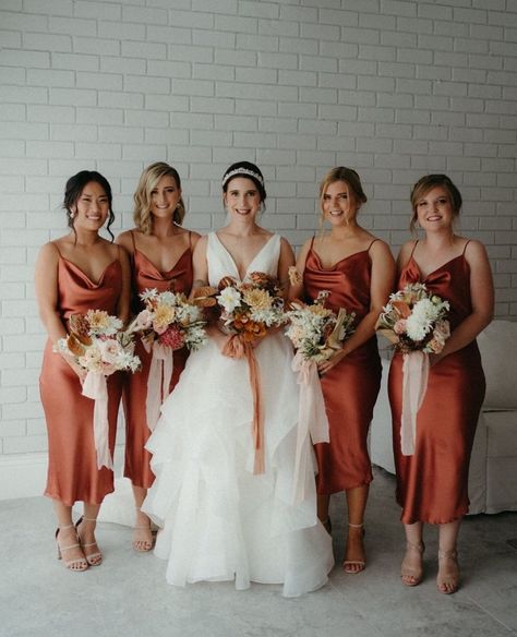 Tegan O'Brien : Floral Design on Instagram: “Hannah and her beautiful bride tribe wearing what has to be one of my favourite colours, rust. Yuuuum!⁠ ⁠ Captured by @tonesandharmony⁠�…” Bridesmaid Dresses Tea Length, Burnt Orange Bridesmaid, Dresses Tea Length, Bridesmaid Dresses 2017, Burnt Orange Bridesmaid Dresses, Beach Bridesmaids, Spaghetti Strap Bridesmaids Dresses, Tea Length Bridesmaid Dresses, Orange Bridesmaid